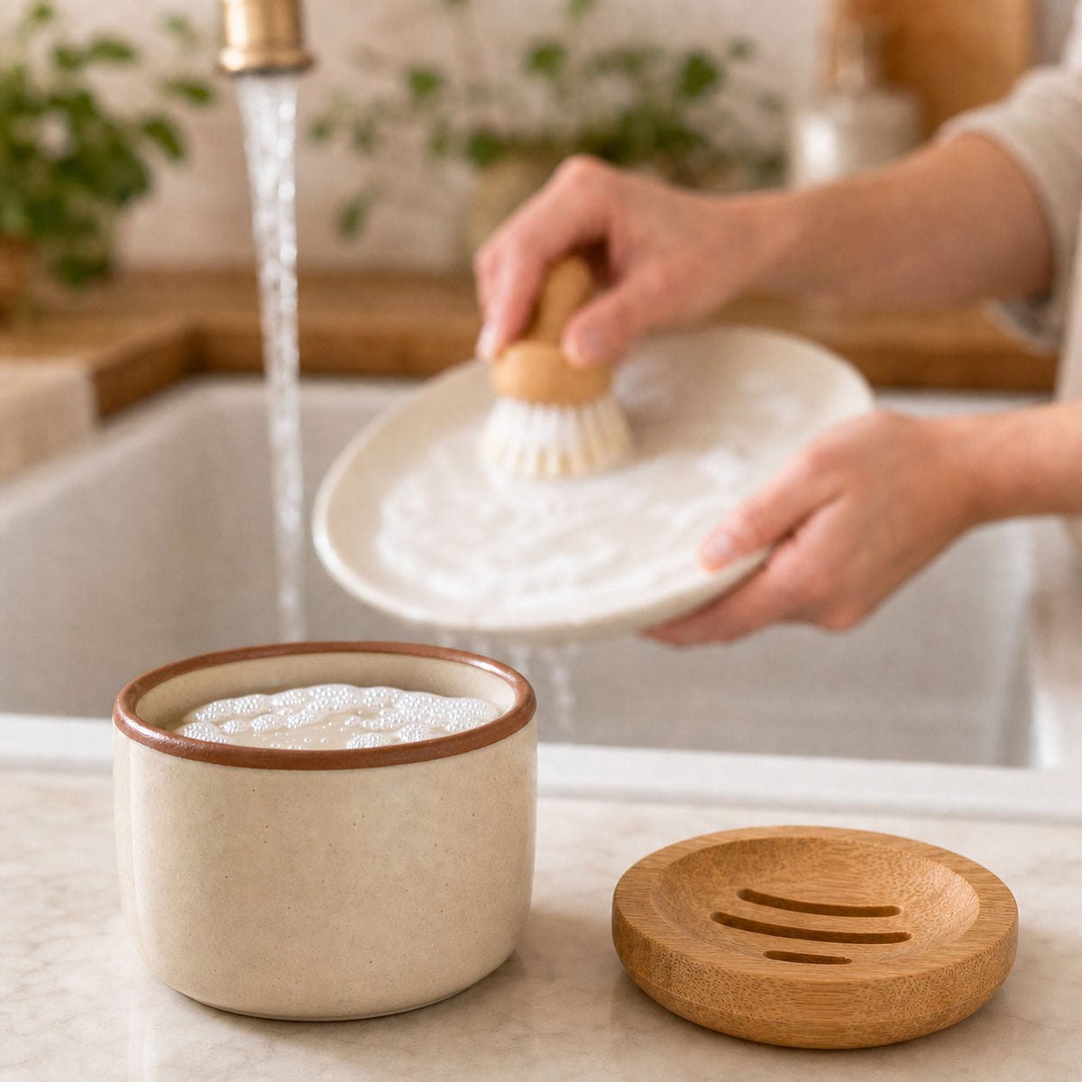 علبة وفرشاة صابون الأطباق الصلب