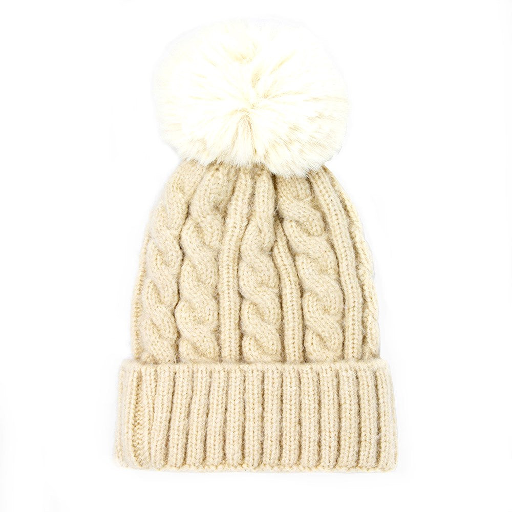 Gorro de invierno de punto grueso con pompón y trenzas cálido