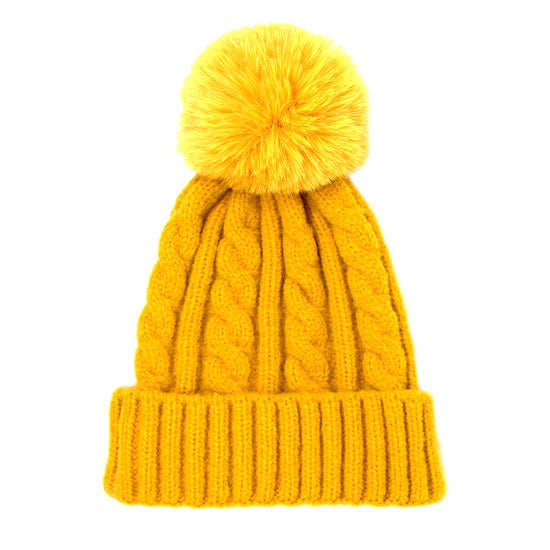 Gorro de invierno de punto grueso con pompón y trenzas cálido