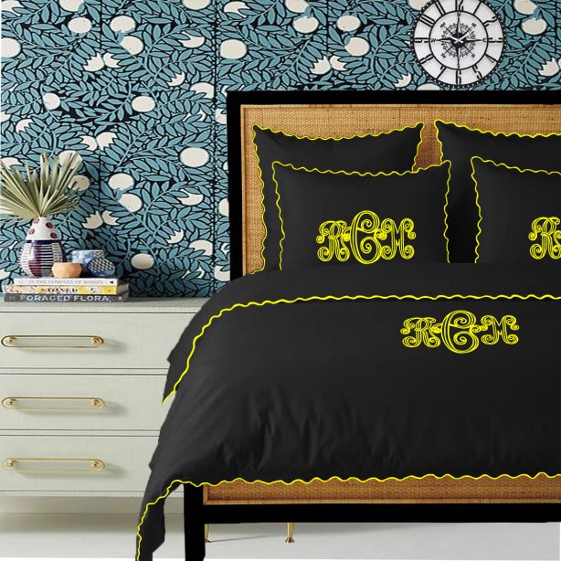 Juego de funda nórdica de algodón de 400 hilos con bordado de festón pequeño, color negro, con monograma